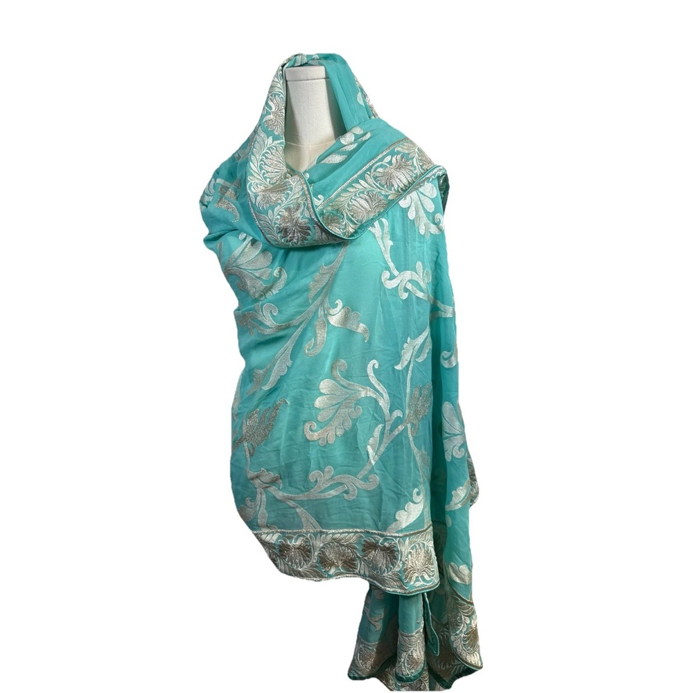 Indian Blue Silver Embroidery Resham Gotta Doppata Large Size 92 X 40"